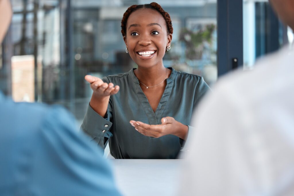 Black manager, advisor or coach during business meeting while talking, speaking and explaining stra